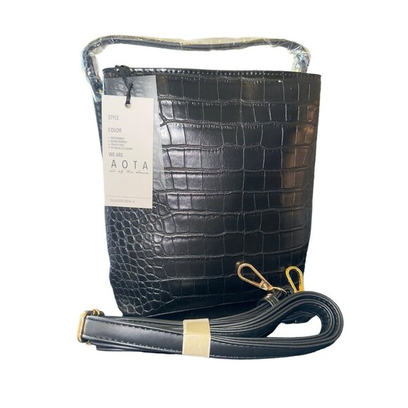 AOTA Elena Bucket Bag Small Black Croc Embossed Vegan Leather Crossbody Tote - Picture 1 of 12